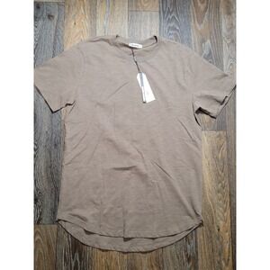Kliegou Mens Cotton Slub Curved Hem Short Sleeve T-Shirt Tan Brown Size M NEW